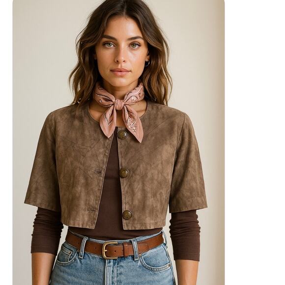 Vintage Y2K Brown Suede Cropped Jacket French Girl 90s Minimalist Chic Size 4 - Picture 3 of 10